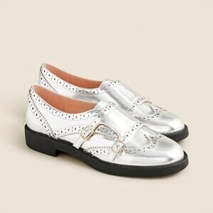 J. Crew Silver Metallic Monk Strap Oxfords Brogue Classic Flats Sz 11